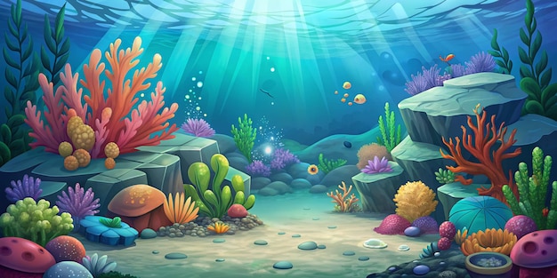 Corals and algae underwater world sea bottom cartoon background