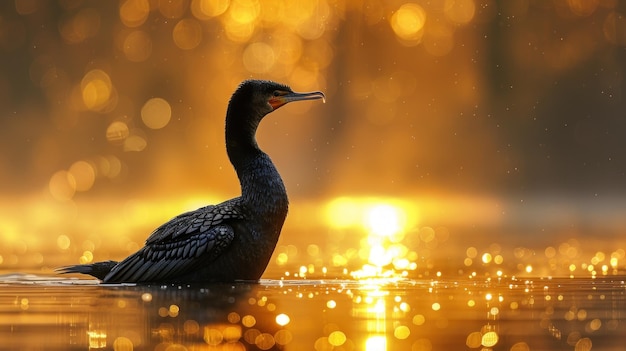 Cormorant Silhouette at Sunset with Golden Bokeh