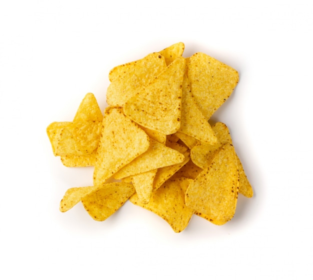 Photo corn chips, nachos chips, maize snack, corn crisps or totopos