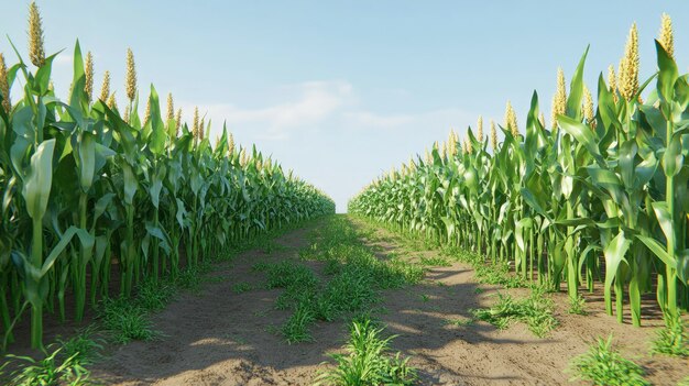 Photo cornfield rows of tall green stalks under a clear blue sky