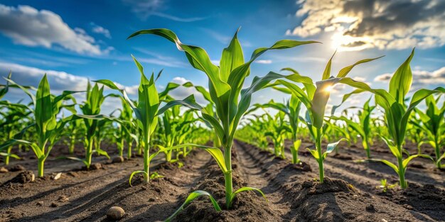 Cornfield at Sunset Rows of Young Corn Plants Basking in Golden Light A field of young corn plant