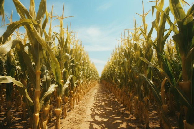 Photo a cornfield with rows of stalks stretching in corn photo background 260jpg