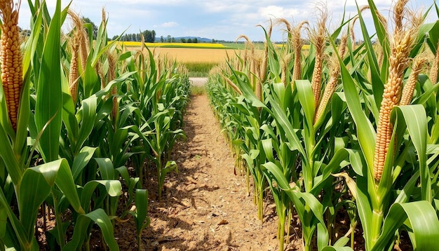 Photo cornfield with rows of tall green corn plants