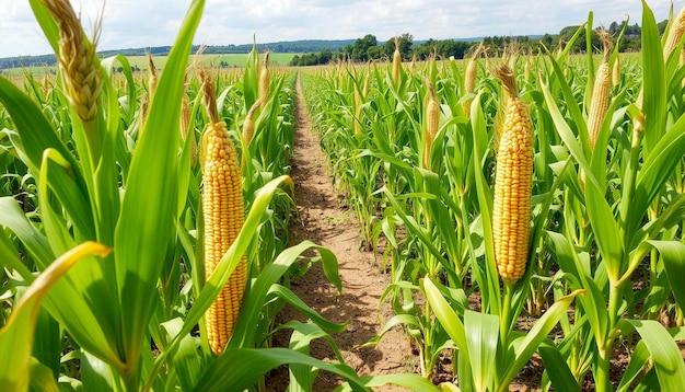 Photo cornfield with rows of tall green corn plants