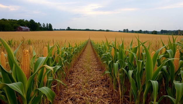 Photo cornfield with rows of tall green corn plants