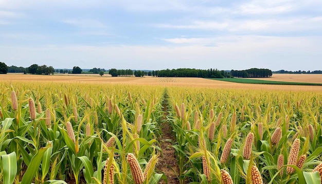 Photo cornfield with rows of tall green corn plants