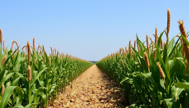 Photo cornfield with rows of tall green corn plants