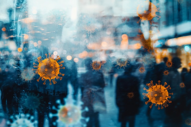 Photo coronavirus cells floating around pedestrians walking down blurred city street