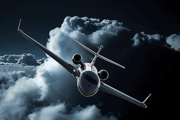 Corporate Jet Airplane Flying at Night with Storm