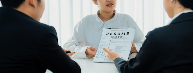 Photo corporate recruiter interview job applicant to discuss career goal shrewd