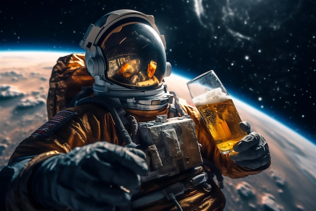 Cosmonaut Enjoying Beer in Space Cosmic Refreshment on Beer Day AI Generated