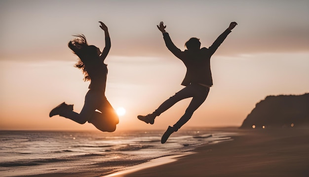 Photo a couple jumping on the beach with the sun behind them