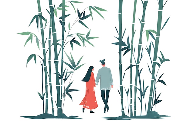 Photo couple taking a walk in a chinese bamboo forest design is se lunar asian 2d flat art collage tshirt