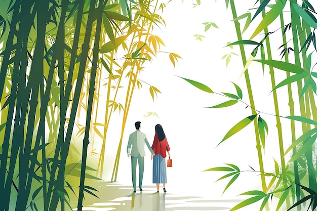 Photo couple taking a walk in a chinese bamboo forest design is se lunar asian 2d flat art collage tshirt