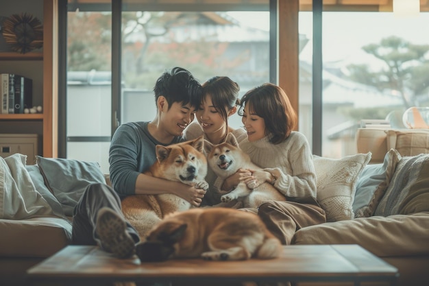 Photo couple with dogs on a couch in a cozy home