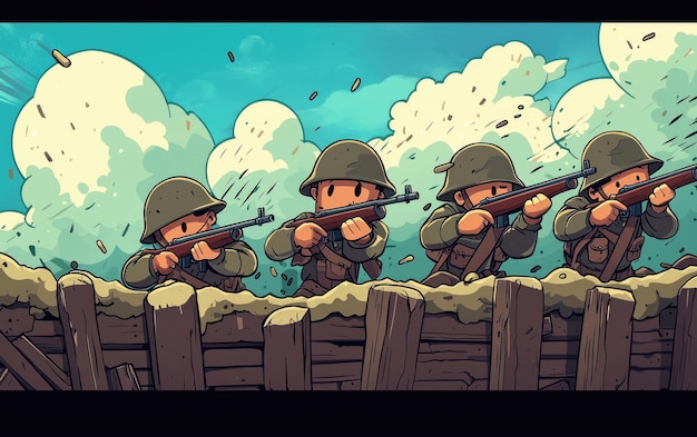 Photo courageous cartoon soldiers defending trench against barrage of enemy fire in intense battle scene