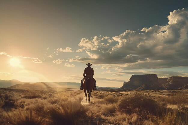 Photo cowboy riding a horse in a field with a mountain in the background