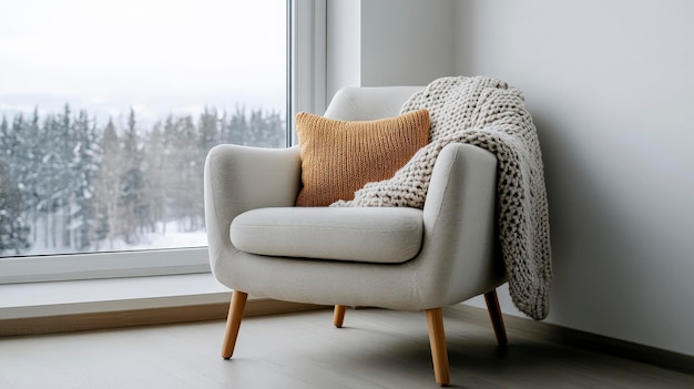 Cozy armchair in a serene winter setting with a blanket and pillow