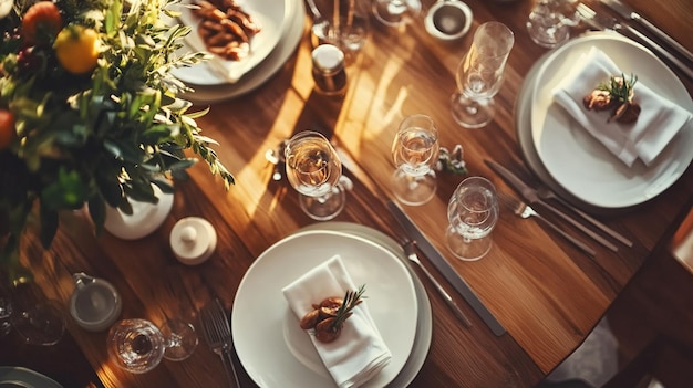 Photo cozy dinner party table setting with white plates and silverware