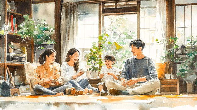 Photo cozy home bliss illustration of people cherishing quality time together in vibrant watercolor