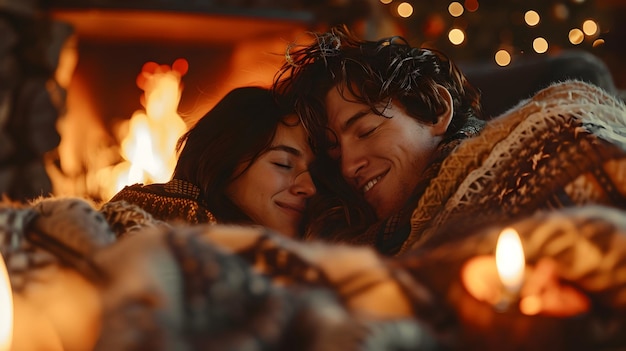 Cozy Intimacy A Couples BlanketWrapped Moment by the Fireplace in exquisite Detail