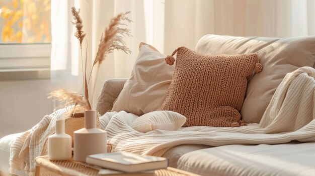 Photo a cozy living room setup featuring soft textures and beautiful natural decor elements