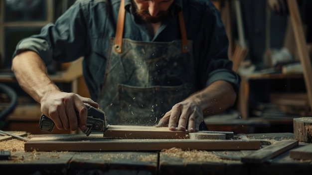 Craftsman Working on Wood with Power Tool in Workshop