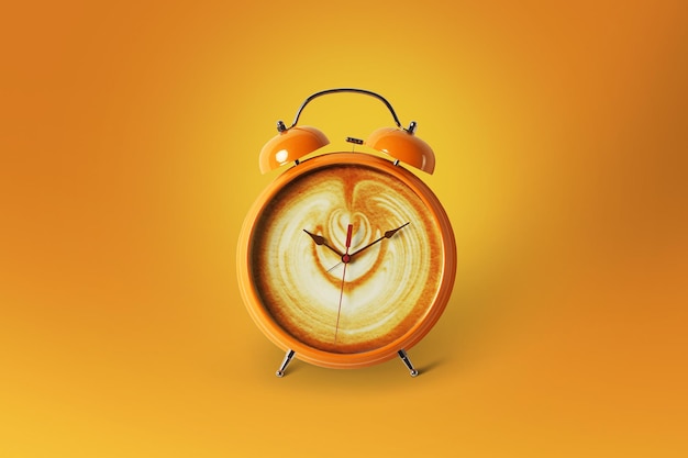 Creative alarm clock with coffee on a yellow background Concept of the beginning of a new day Happy Good Morning