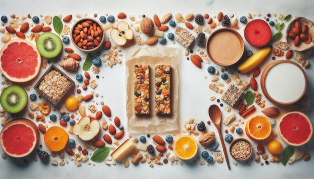 Photo creative granola bar layout on white background generative aiinspired flat lay food concept