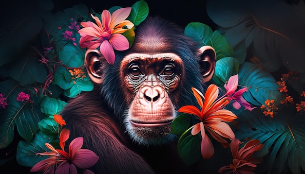 Creative portrait of a monkey using plenty of vibrant flowers Generative Ai