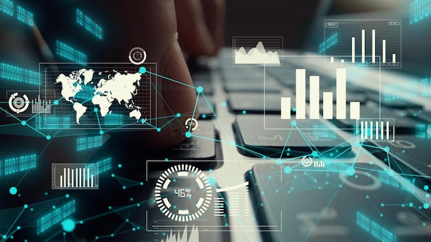 Creative visual of business big data and finance analysis on computer showing concept of statistical investment decision making methodology fintech and financial engineering