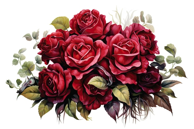 Crimson rose bouquet romantic watercolor composition