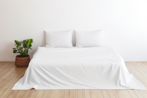 Photo crisp white bedding on a minimalist bed with a potted plant beside