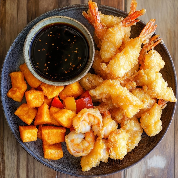 Photo crispy fried shrimp and sweet potato cubes served with dipping sauce on a wooden table