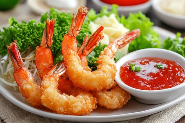 Photo crispy tempura shrimp with soy sauce dipping a plate of delicious tempura shrimp crispy and