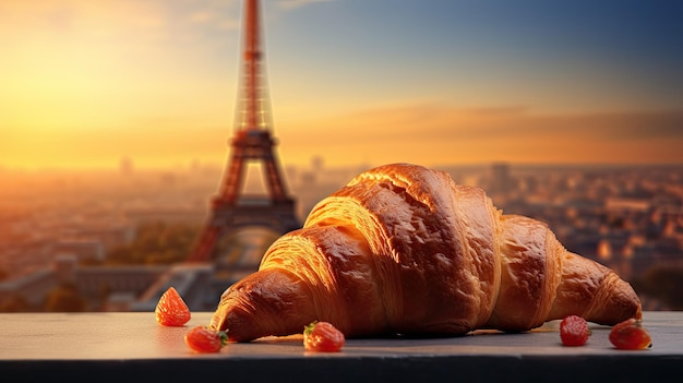 a croissant and a city in the background