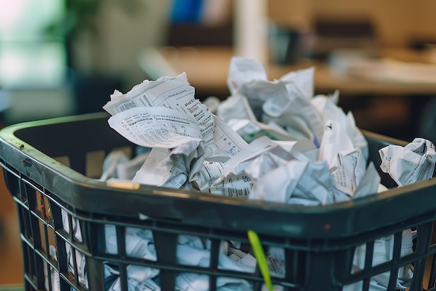 Photo crumpled paper in a black recycling bin