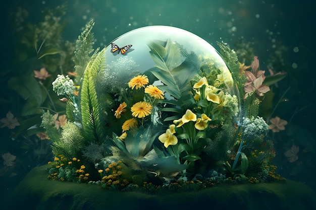 Crystal globe on ferns in green grass forest Environment save the World earth day