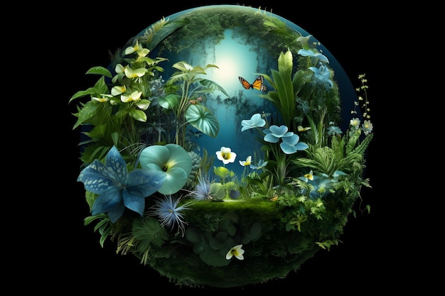 Crystal globe on ferns in green grass forest Environment save the World earth day