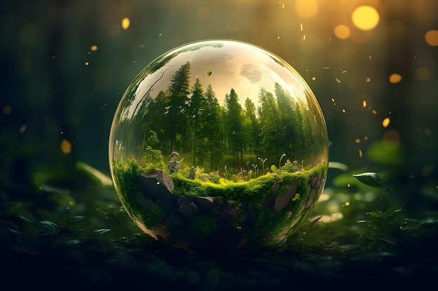 Crystal globe on ferns in green grass forest Environment save the World earth day