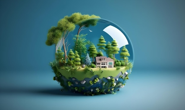 Crystal globe on ferns in green grass forest Environment save the World earth day