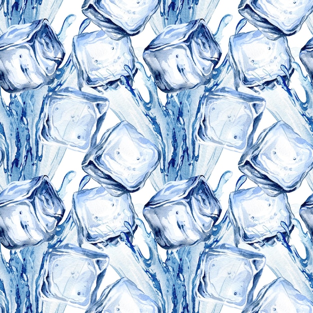 Photo crystal ice blocks and water jet splashes seamless pattern with hand drawn watercolor realistic ice cubes blue frozen water cubes for cocktails on drawn water background for summer menu