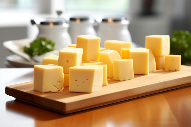 Photo cubes of cheddar cheese arranged on a serving platter