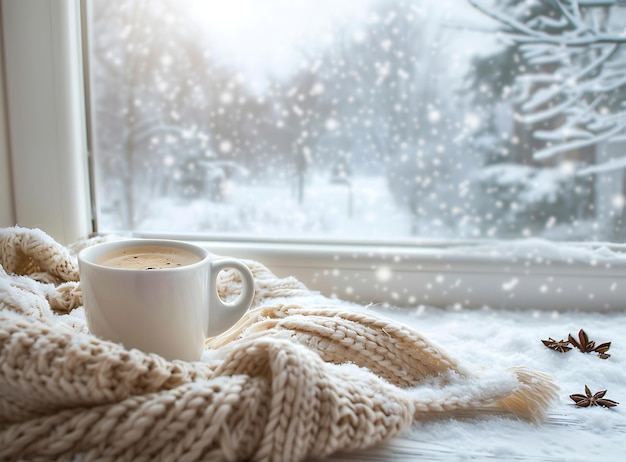 Photo a cup of coffee and a blanket on a window sill