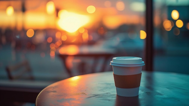 a cup of coffee sits on a table in front of a window