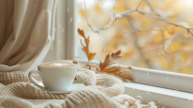 Photo a cup of coffee on a window sill on fall background