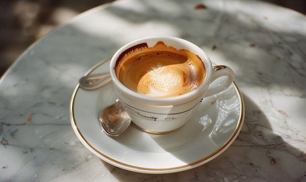 Foto una tazza di caffè con un cucchiaio su un piatto e un cucchio