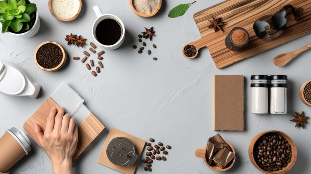 Photo a cup of coffee and a wooden spoon on a grey table