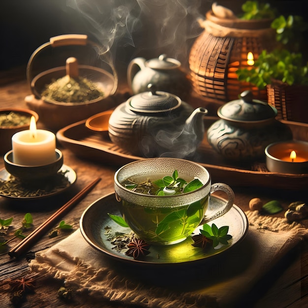 A cup of Green herbal tea in cinematic atmosphere