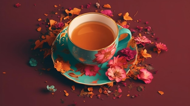 A cup of tea with flowers on it